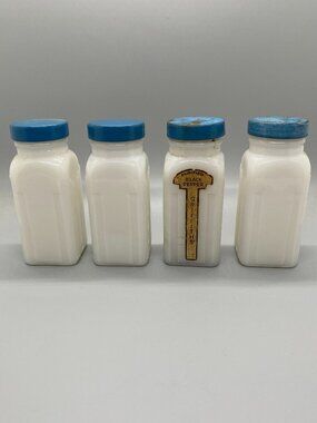 Vintage Griffiths Blue Metal Lids Milk Glass Spice Jars Set of 4
